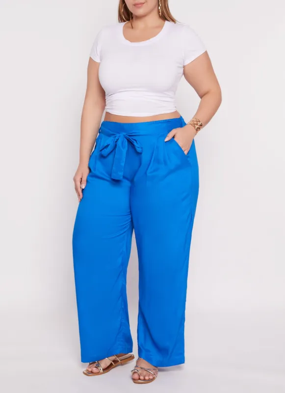 Plus Size Tie Waist Belted Palazzo Pants sold by Rainbow