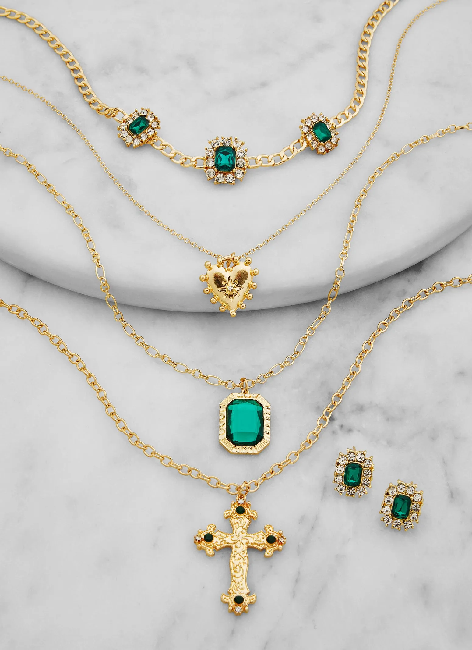 Rhinestone Gemstone Cross Layered Necklace and Stud Earrings sold by Rainbow product image thumbnail 2