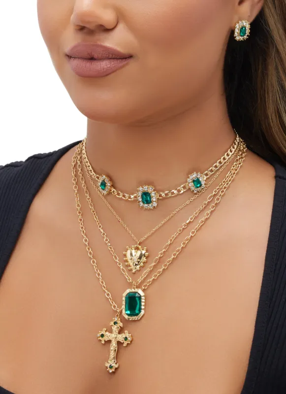 Rhinestone Gemstone Cross Layered Necklace and Stud Earrings sold by Rainbow