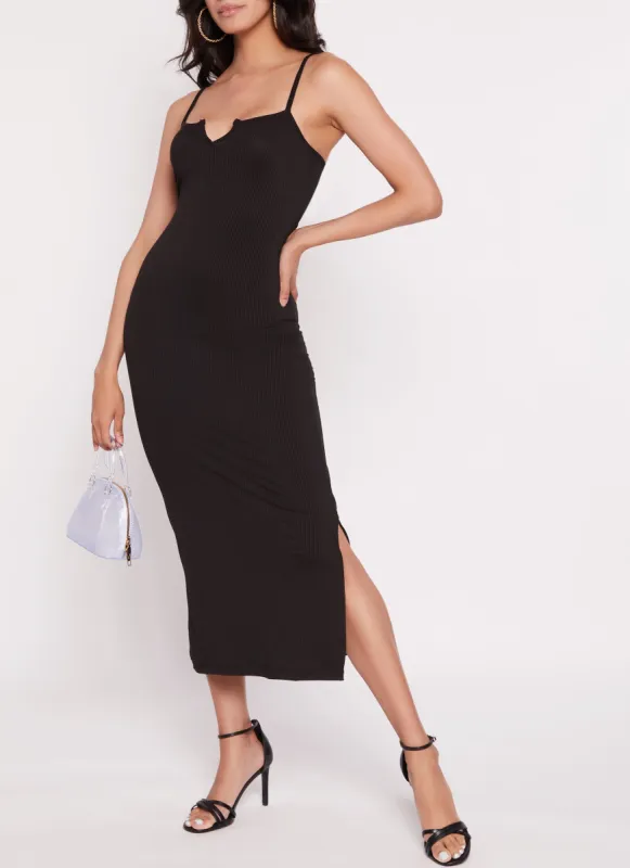 Ribbed Notch Neck Side Slit Maxi Dress sold by Rainbow