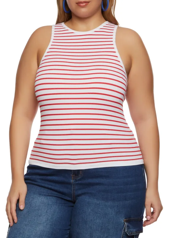 Plus Size Rib Knit Stripe Tank Top sold by Rainbow