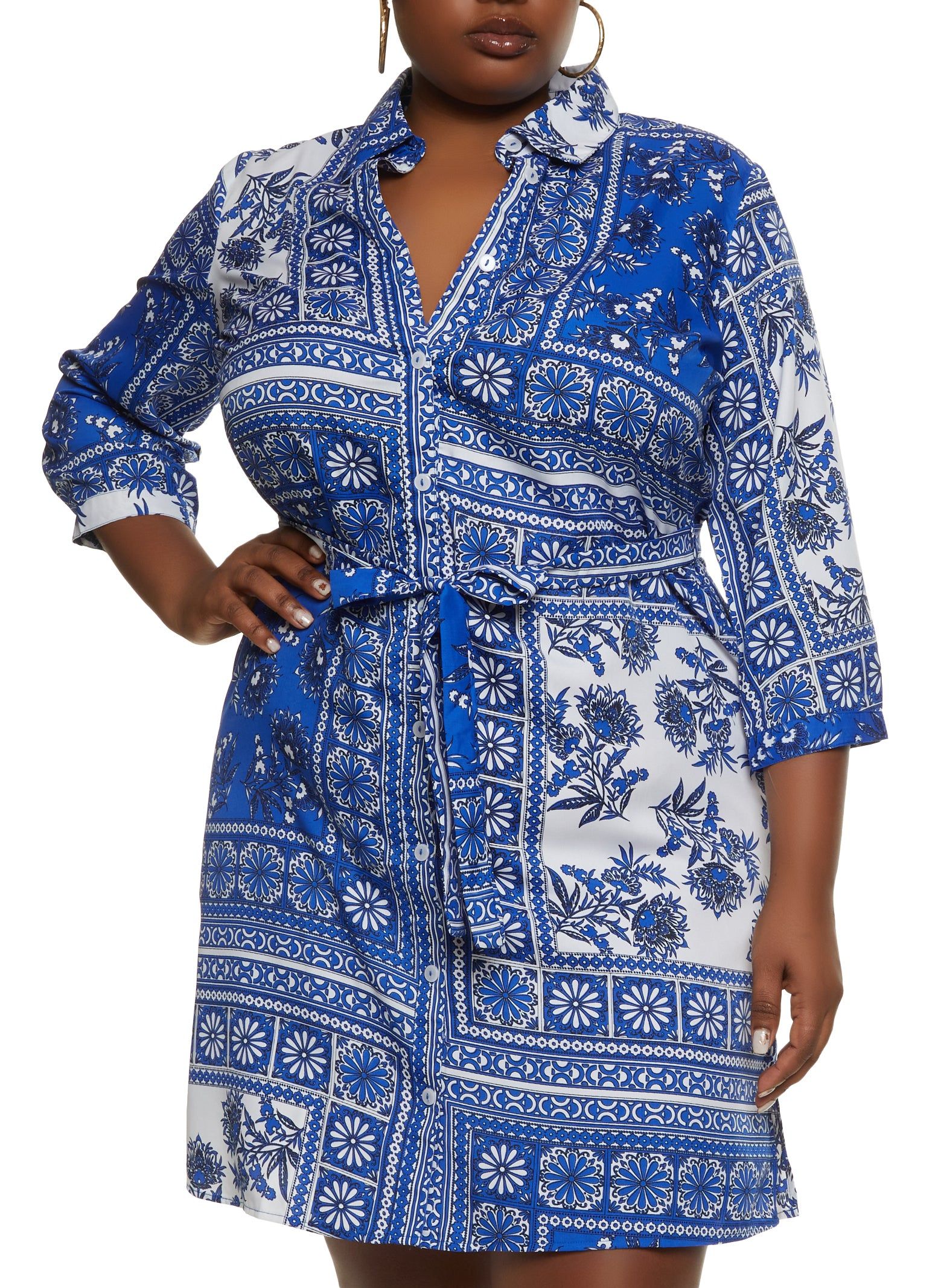 Plus Size Border Print Tie Waist Shirt Dress sold by Rainbow