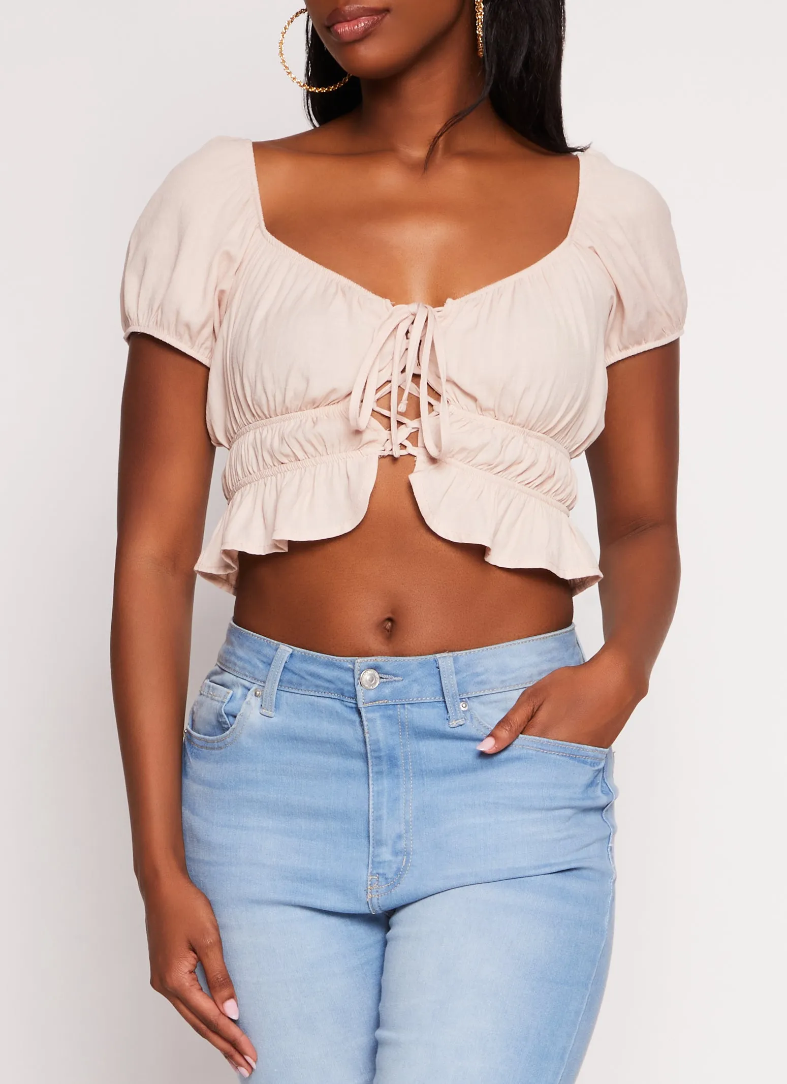 Linen Tie Front Peasant Top sold by Rainbow