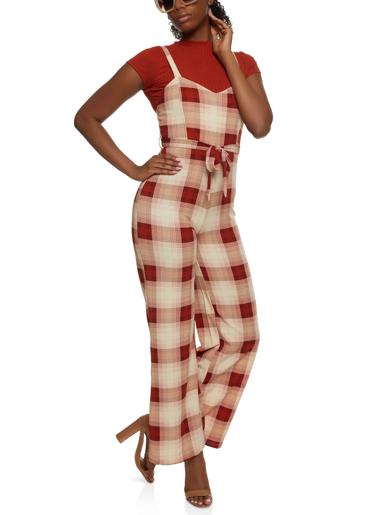 Plaid Tie Waist Jumpsuit and Mock Neck Top sold by Rainbow