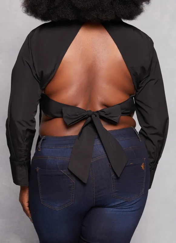 Plus Size Button Front Open Tie Back Shirt sold by Rainbow