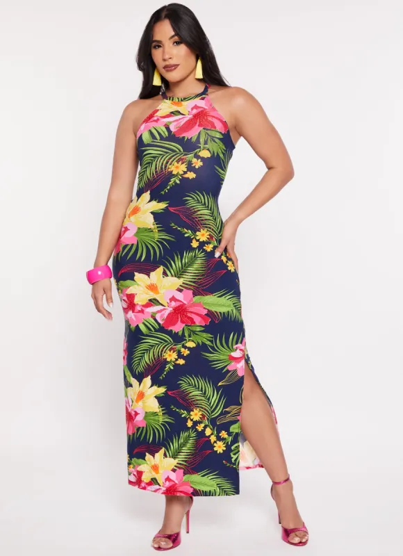 Tropical Floral Print High Neck Maxi Dress sold by Rainbow