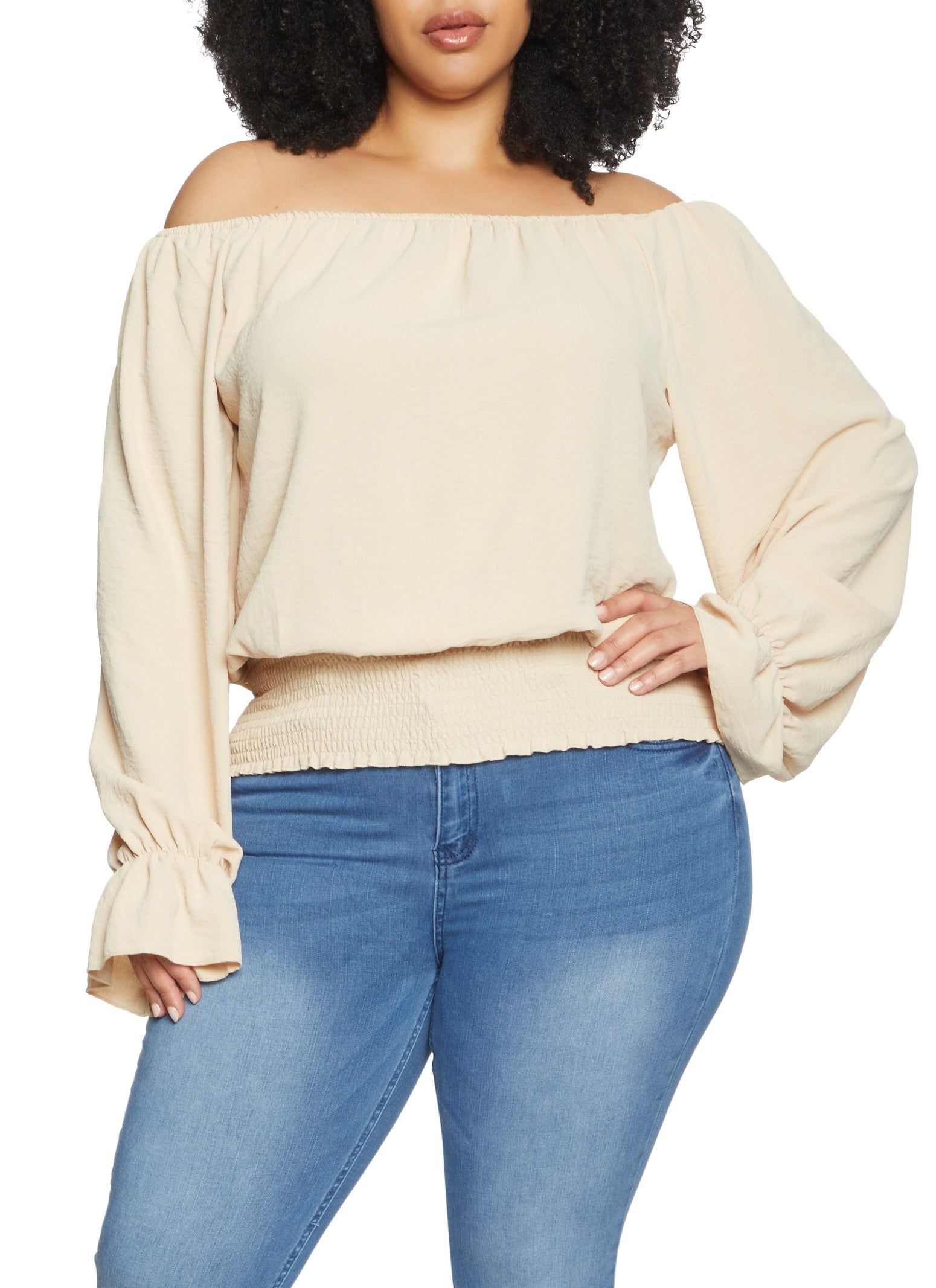 Plus Size Off the Shoulder Smocked Waist Top sold by Rainbow