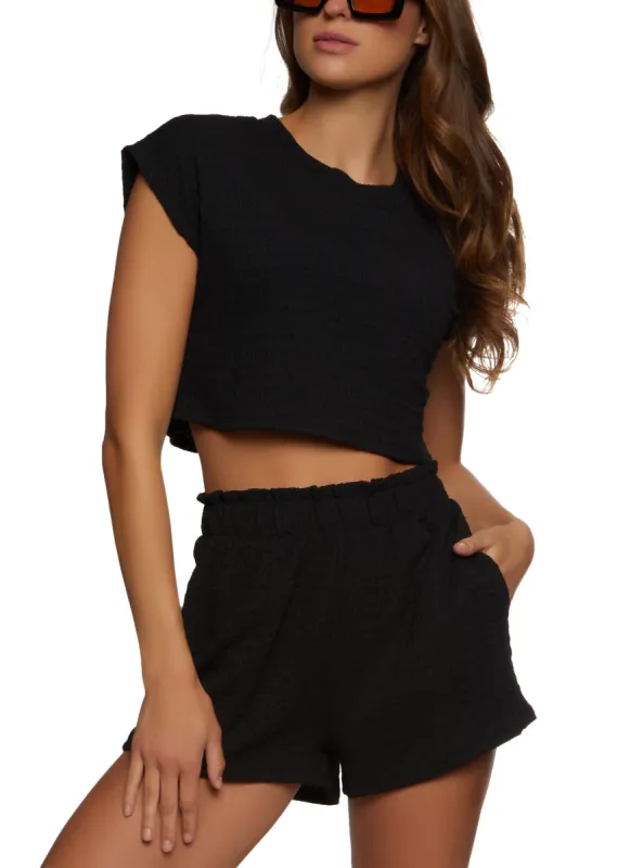 Textured Knit Cap Sleeve Crop Top sold by Rainbow