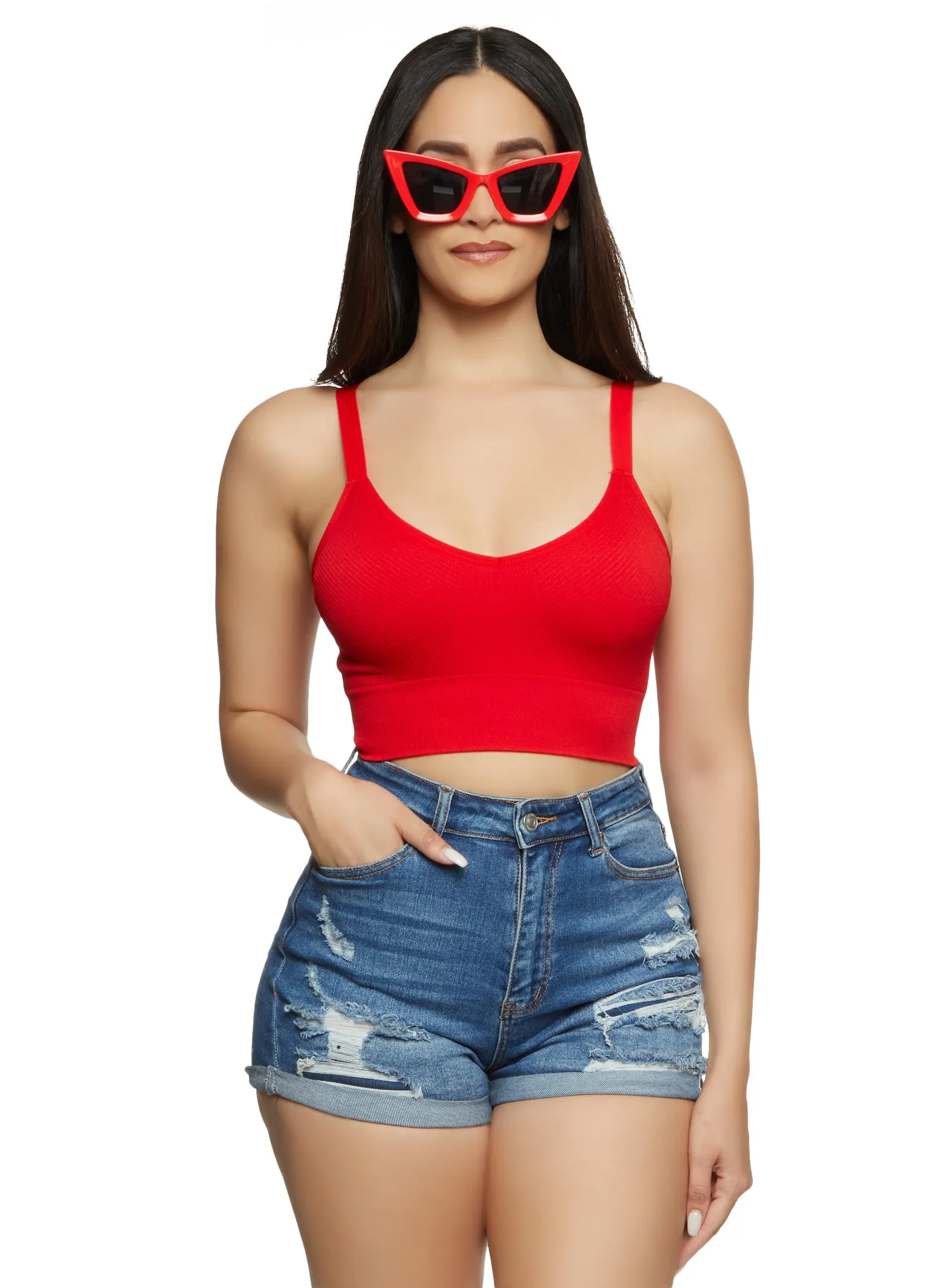 Seamless Solid Ribbed Knit Cropped Cami sold by Rainbow