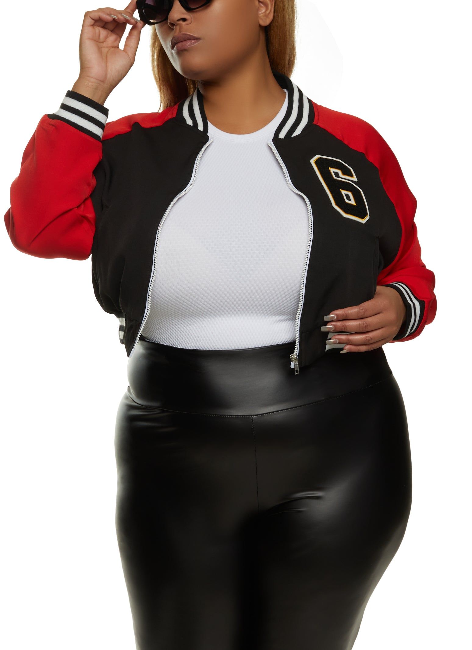 Plus Size Color Block Graphic Patch Cropped Varsity Jacket sold by Rainbow