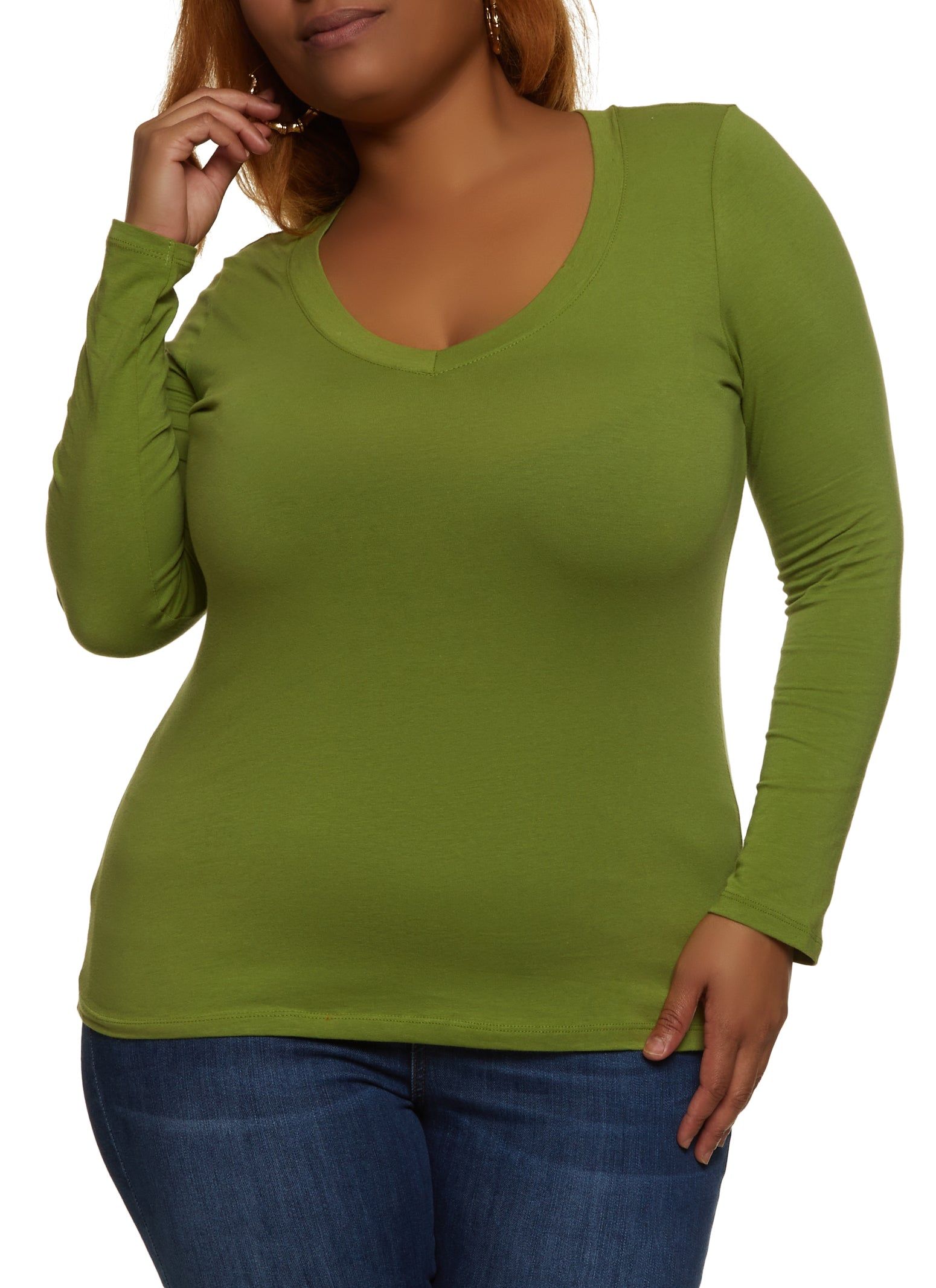 Plus Size Basic V Neck Long Sleeve Tee sold by Rainbow
