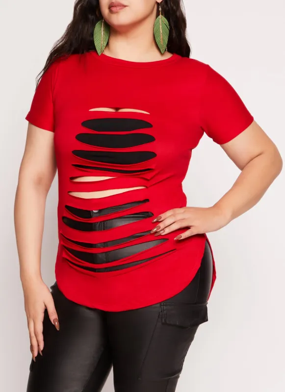 Plus Size Slashed High Low Tee sold by Rainbow