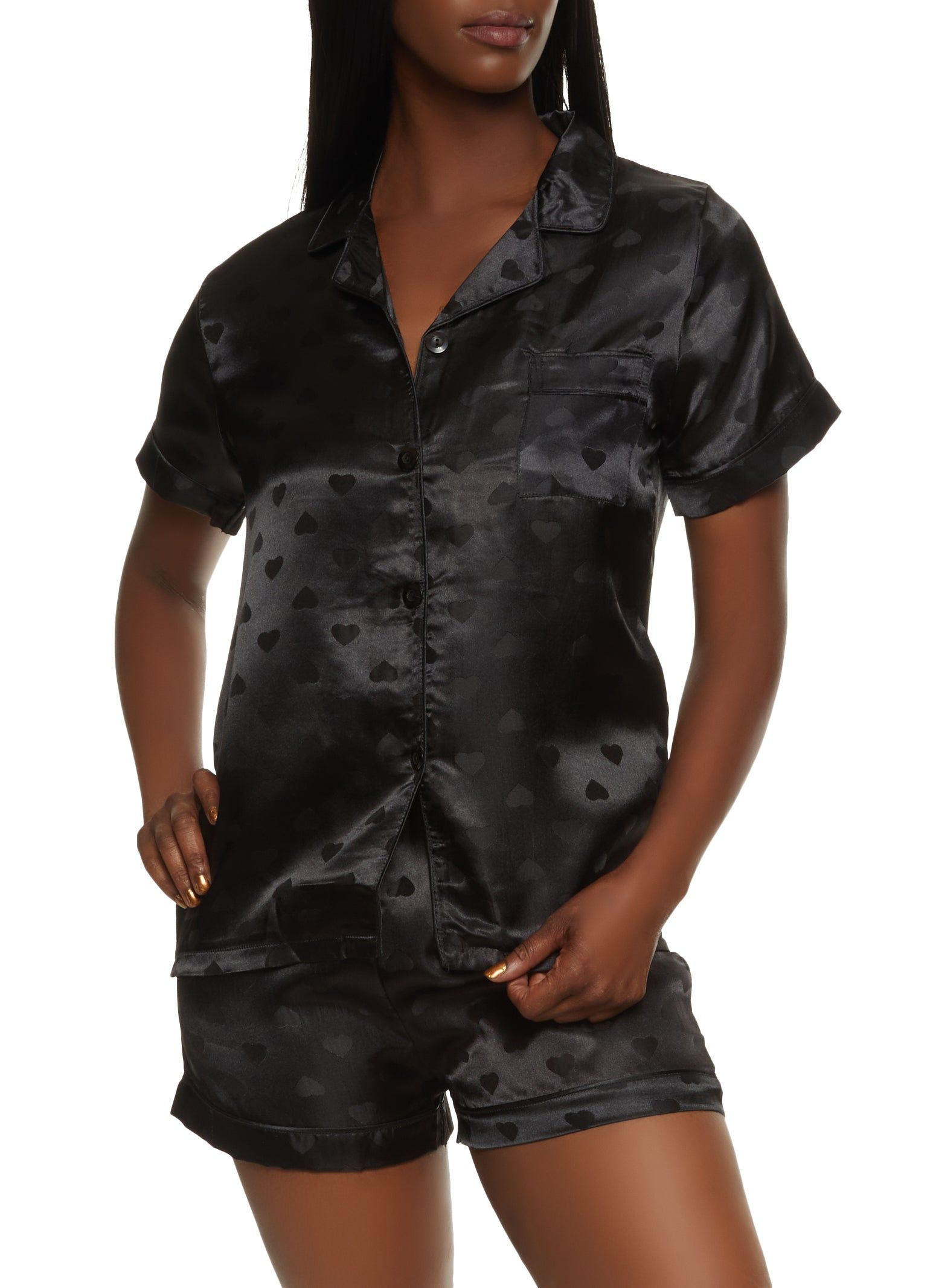 Satin Heart Print Notch Collar Pajama Shirt and Shorts sold by Rainbow
