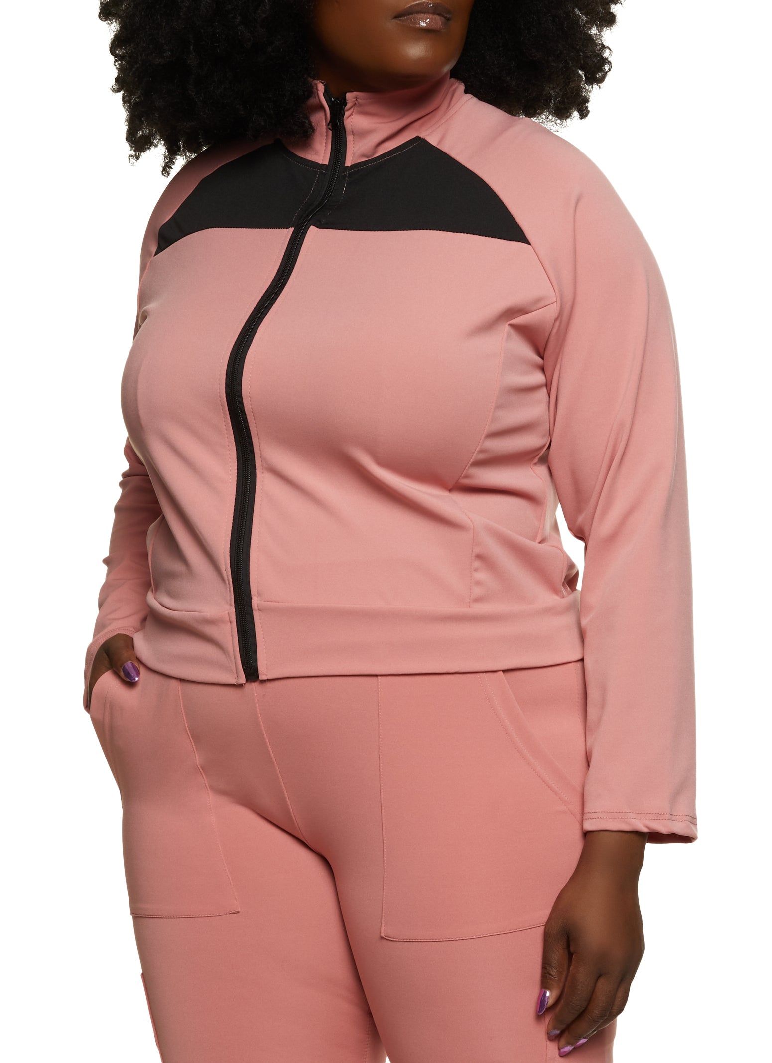 Plus Size Zip Front Color Block Track Jacket sold by Rainbow