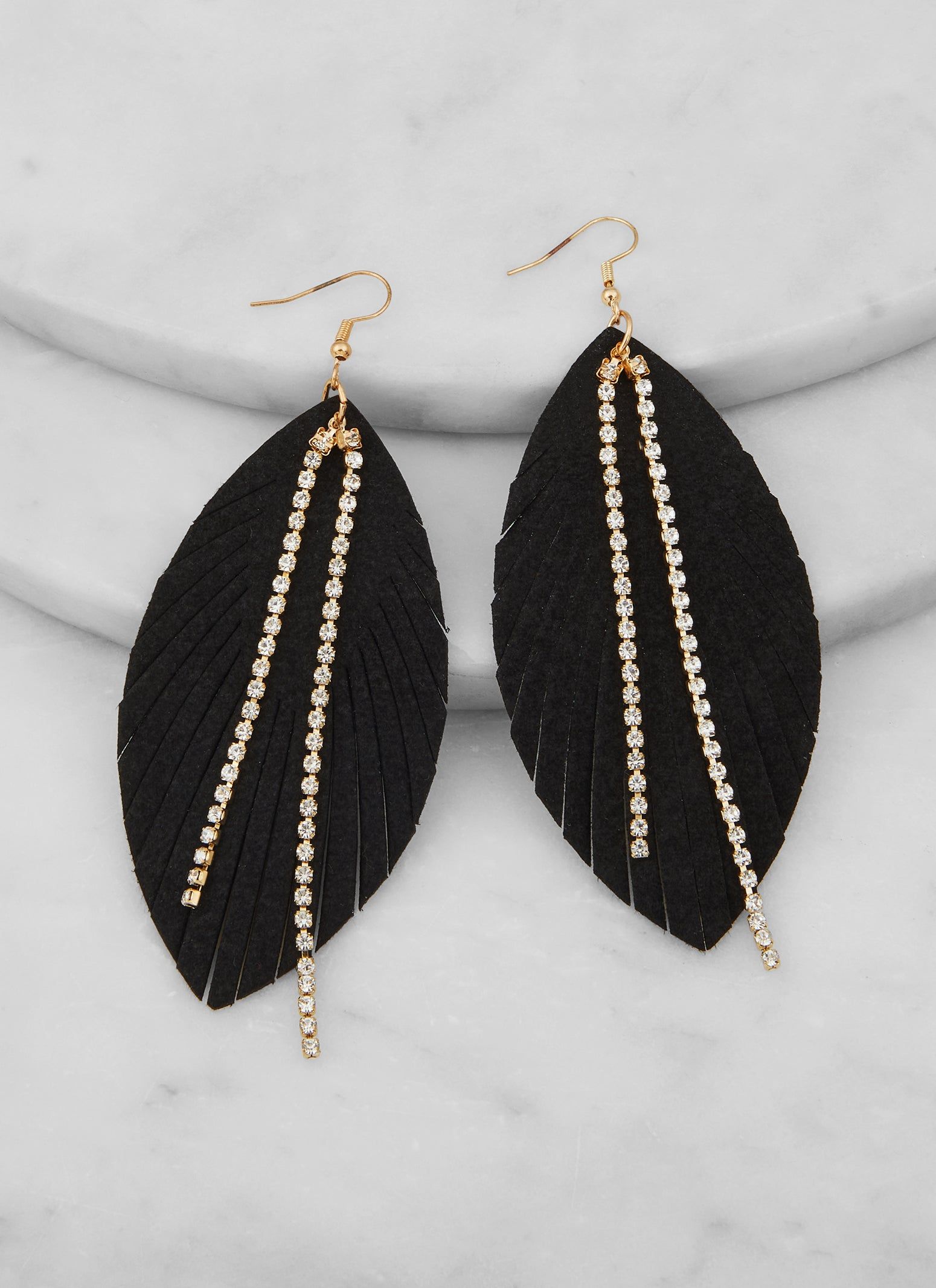 Leaf Rhinestone Fringe Detail Drop Earrings sold by Rainbow product image thumbnail 2