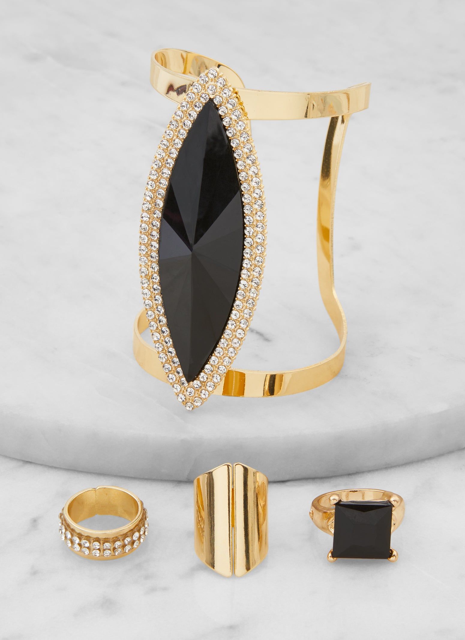 Rhinestone Studded Gemstone Cuff Bracelet and Ring Trio sold by Rainbow