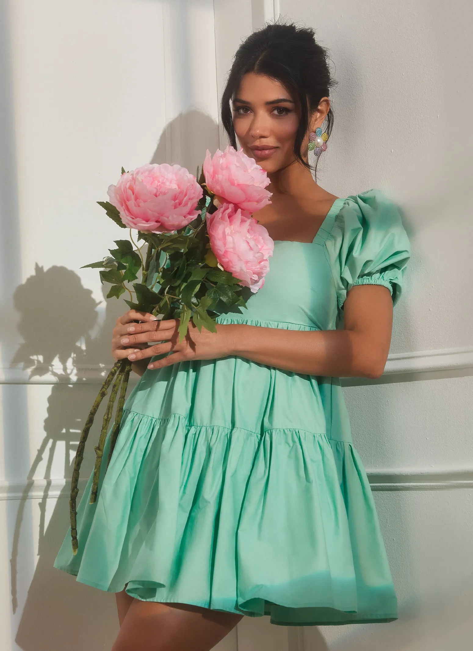 Poplin Puff Sleeve Mini Skater Dress sold by Rainbow