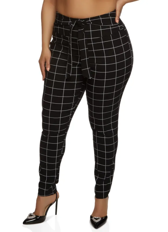 Plus Size Windowpane Print Tie Front Dress Pants sold by Rainbow