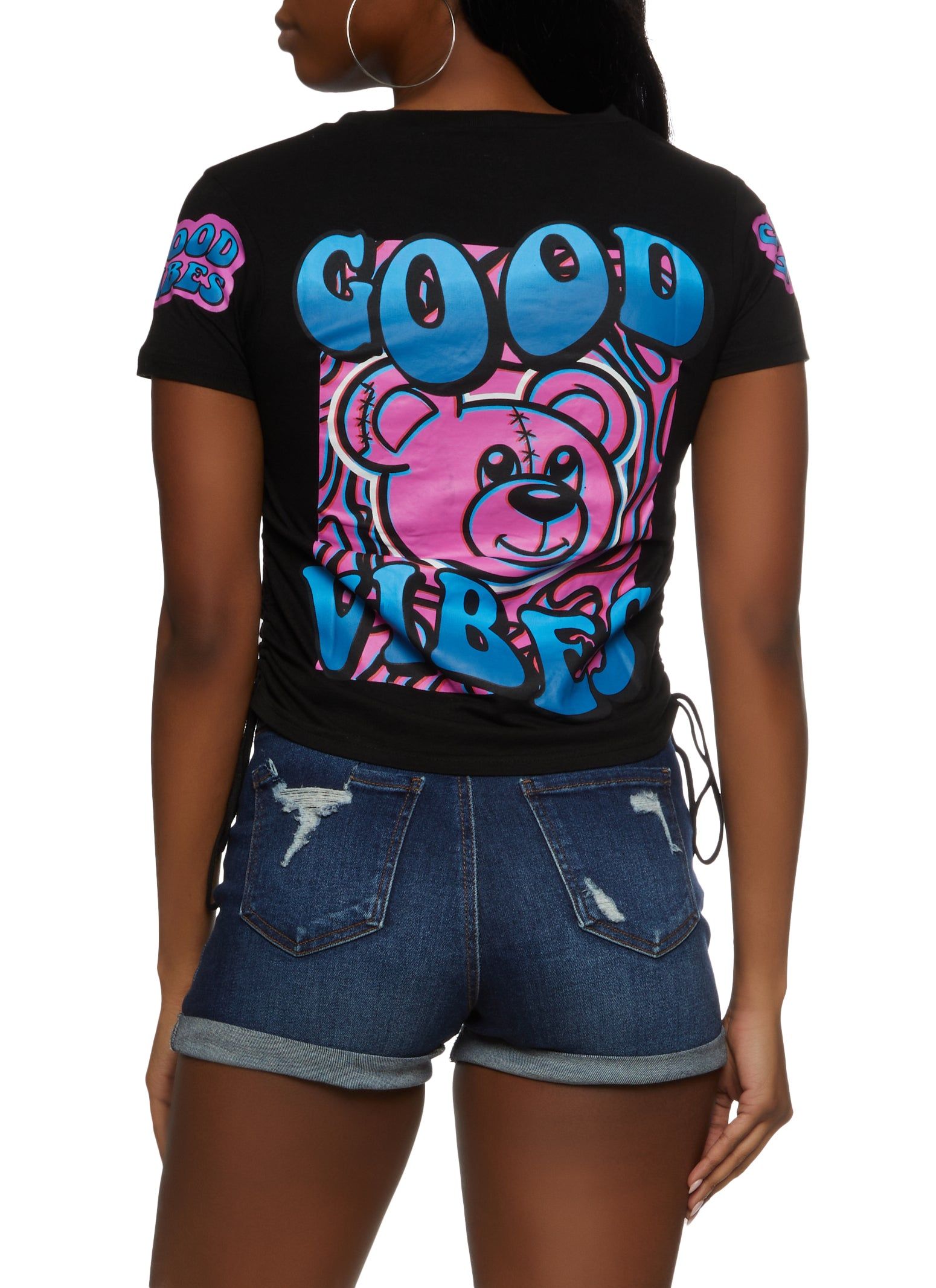 Good Vibes Ruched Graphic T Shirt sold by Rainbow