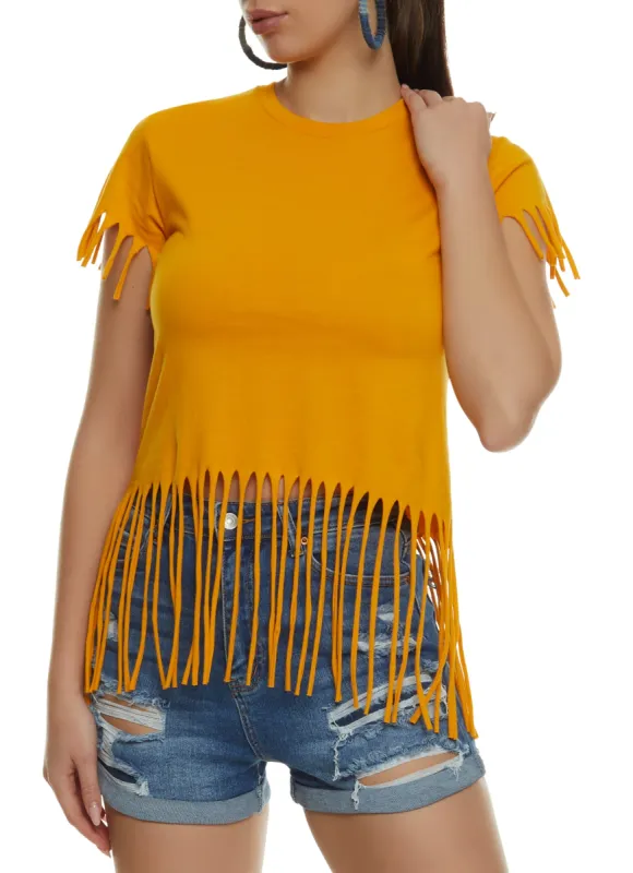 Fringe Hem Crew Neck Tee sold by Rainbow