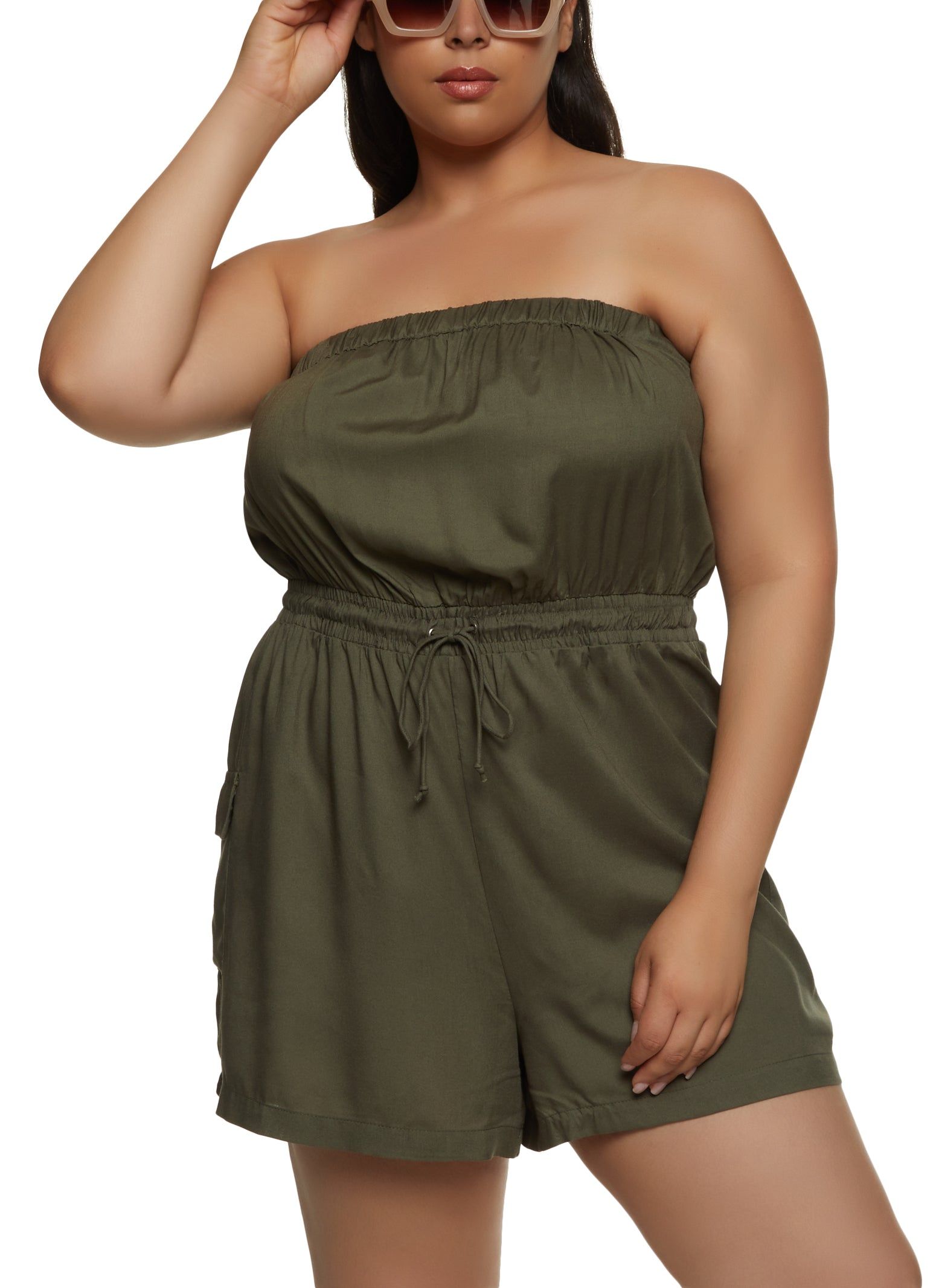 Plus Size Solid Strapless Cargo Pocket Romper sold by Rainbow