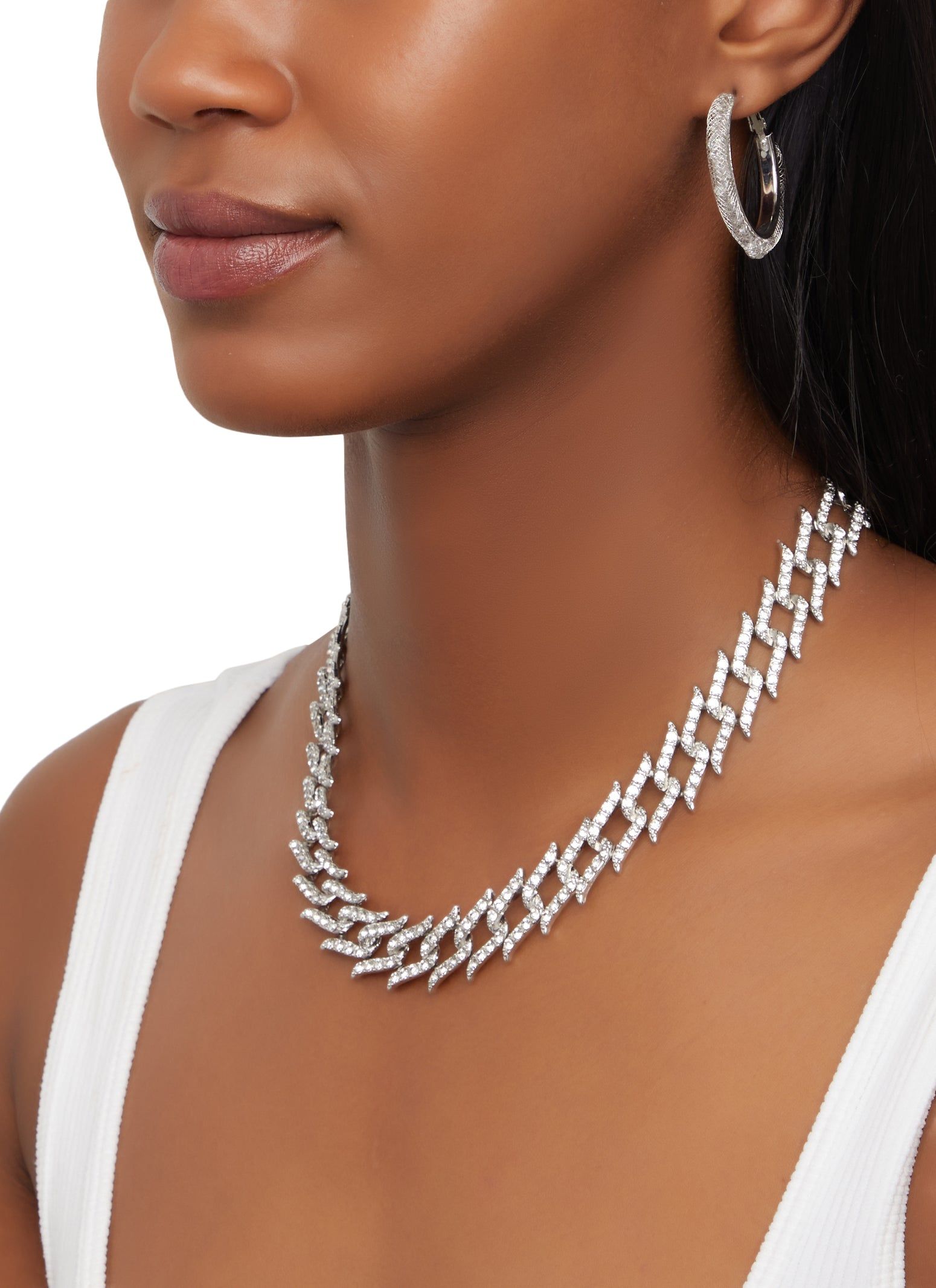 Rhinestone Chain Necklace and Hoop Earrings sold by Rainbow