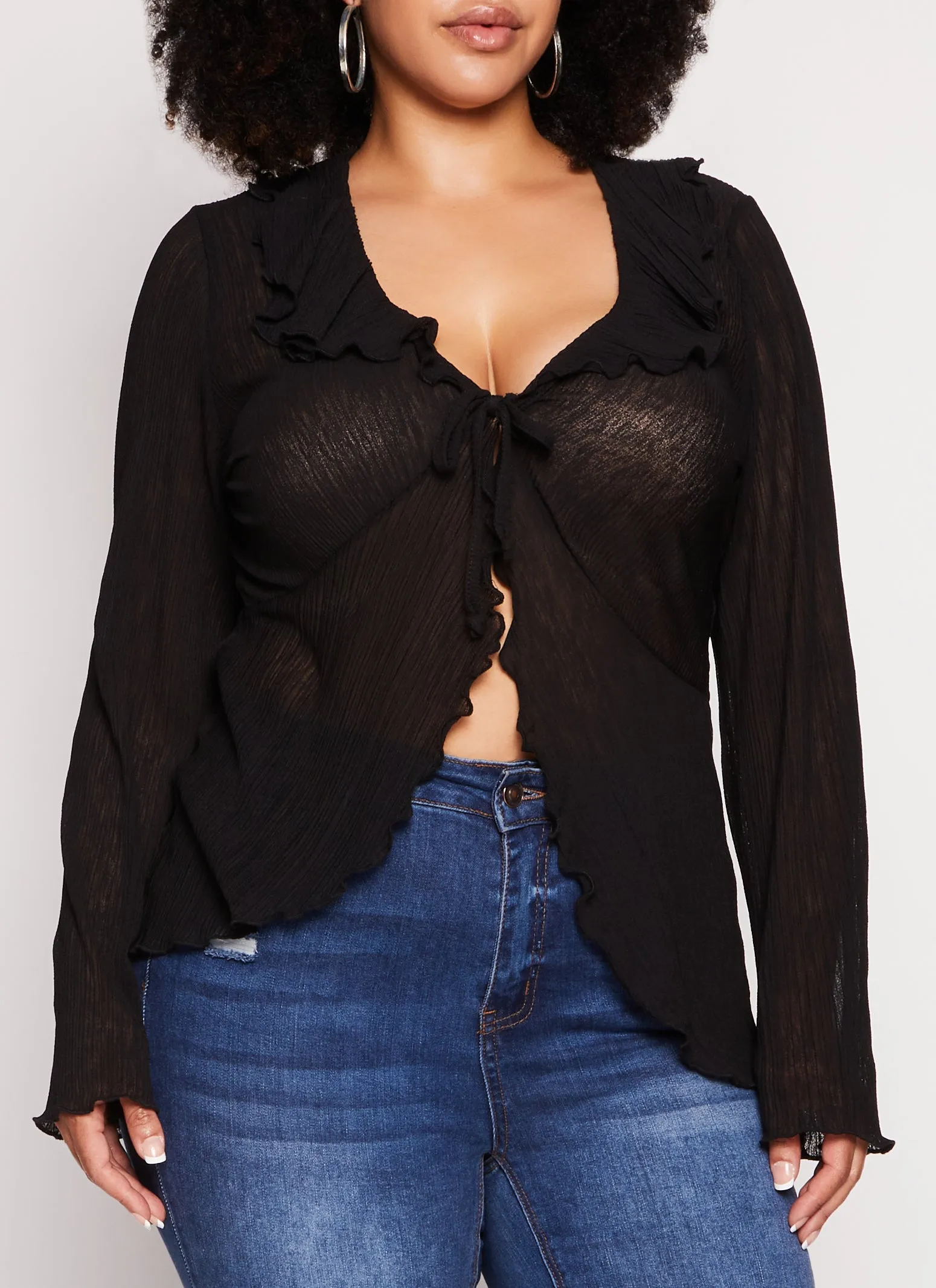Plus Size Ruffle Trim Tie Front Long Sleeve Top sold by Rainbow