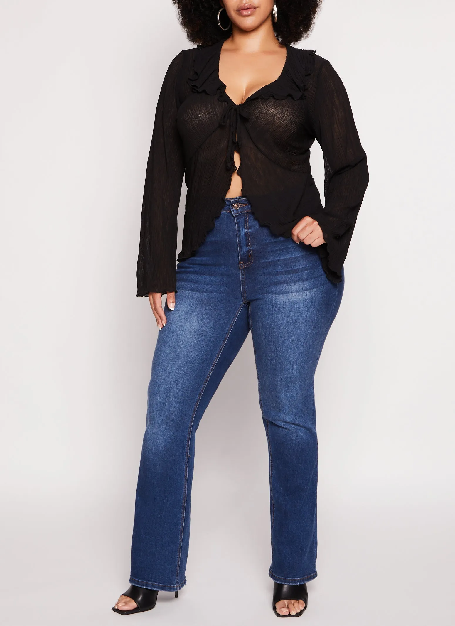 Plus Size Ruffle Trim Tie Front Long Sleeve Top sold by Rainbow product image thumbnail 2