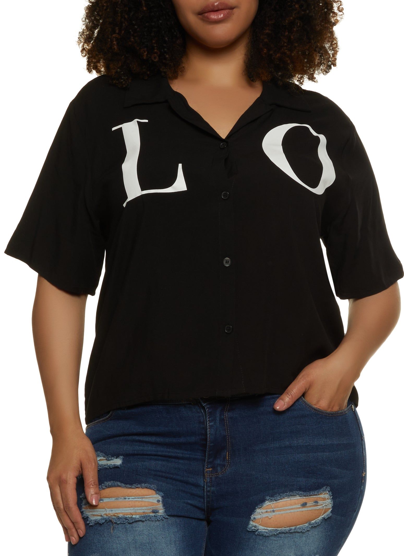 Plus Size Love Button Front Shirt sold by Rainbow