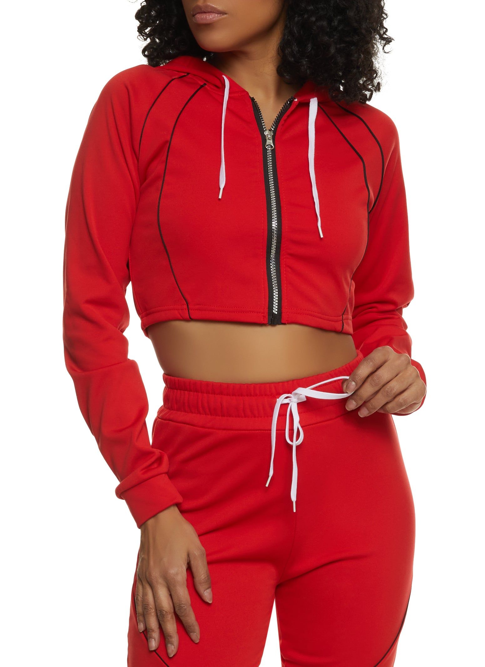 Contrast Piping Cropped Zip Front Hoodie sold by Rainbow
