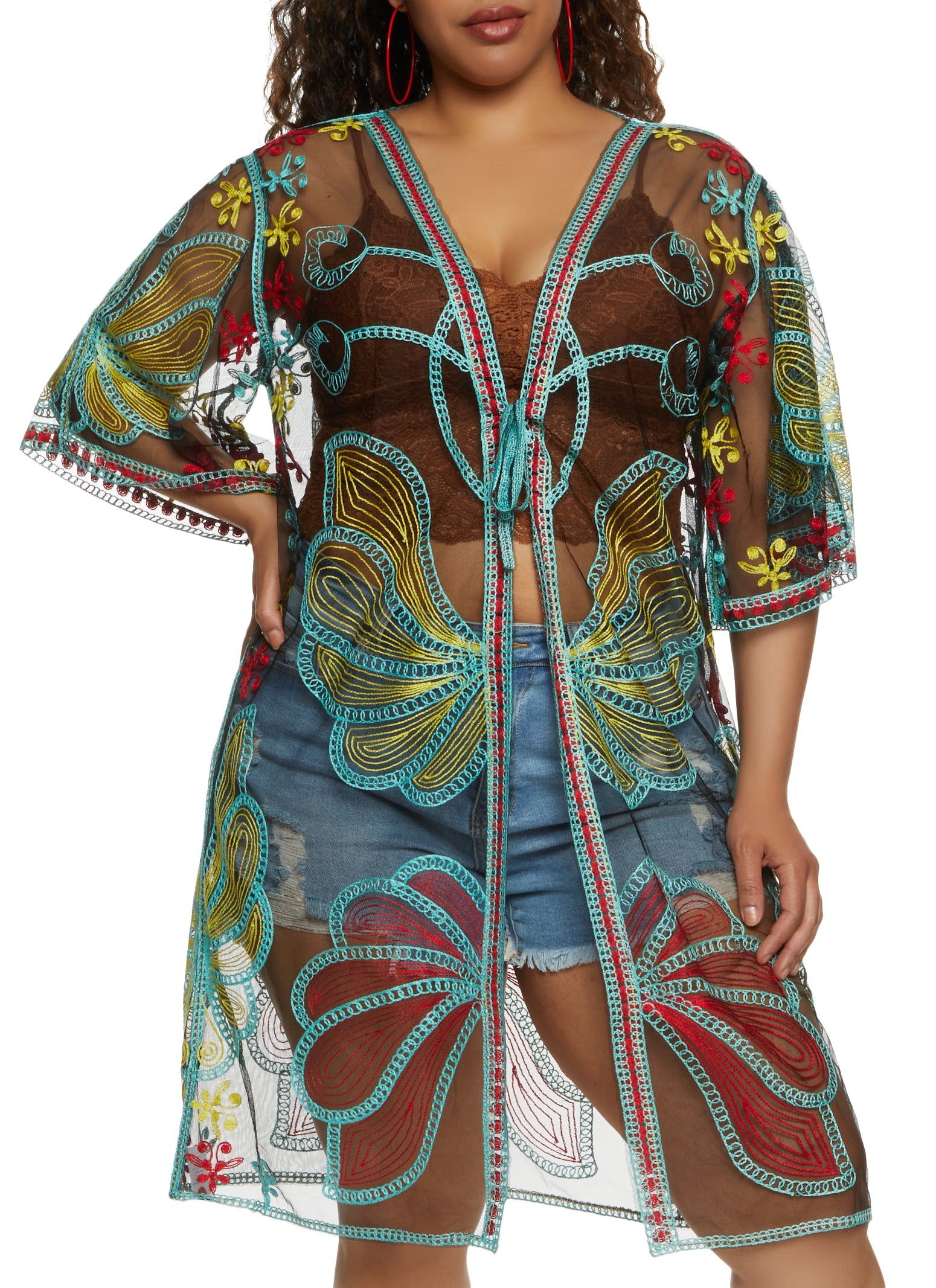 Embroidered Tie Front Kimono sold by Rainbow