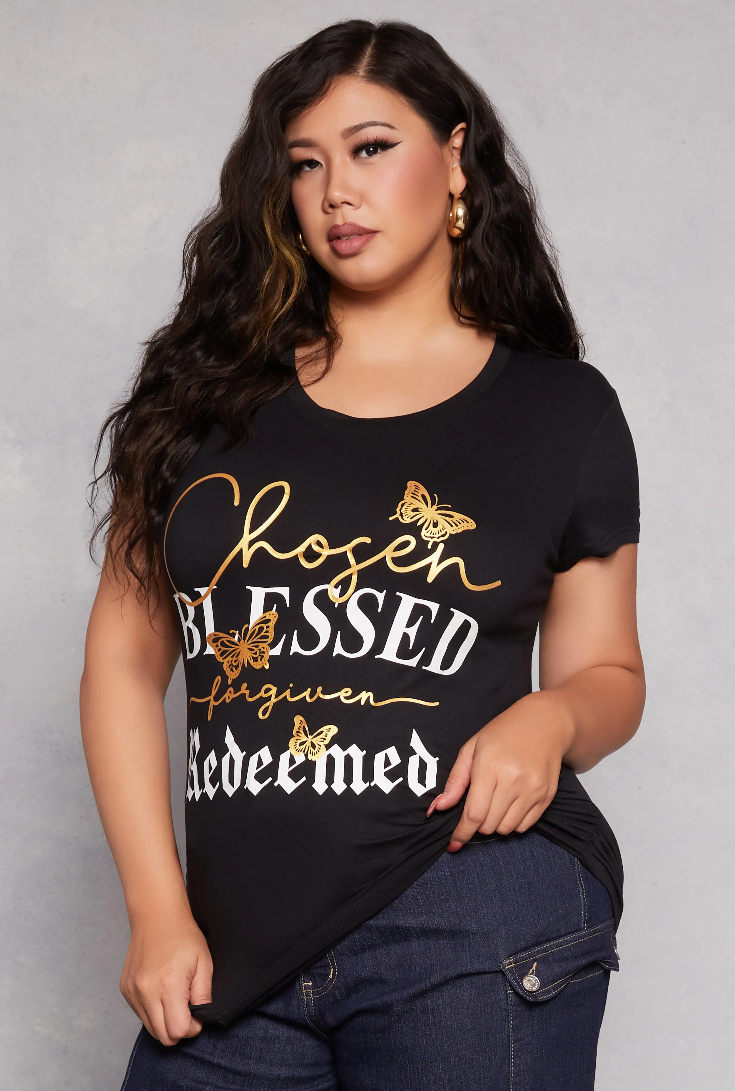 Plus Size Chosen Blessed Foil Screen Graphic Tee sold by Rainbow