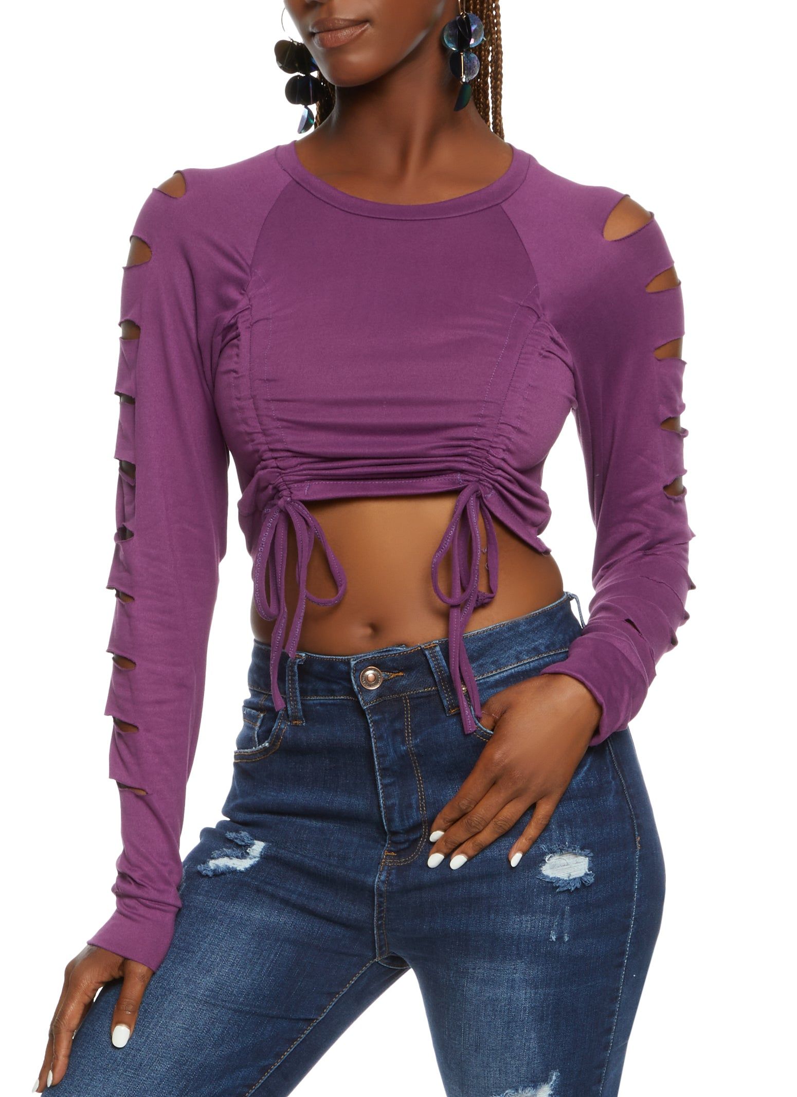 Laser Cut Sleeve Ruched Front Crop Top sold by Rainbow