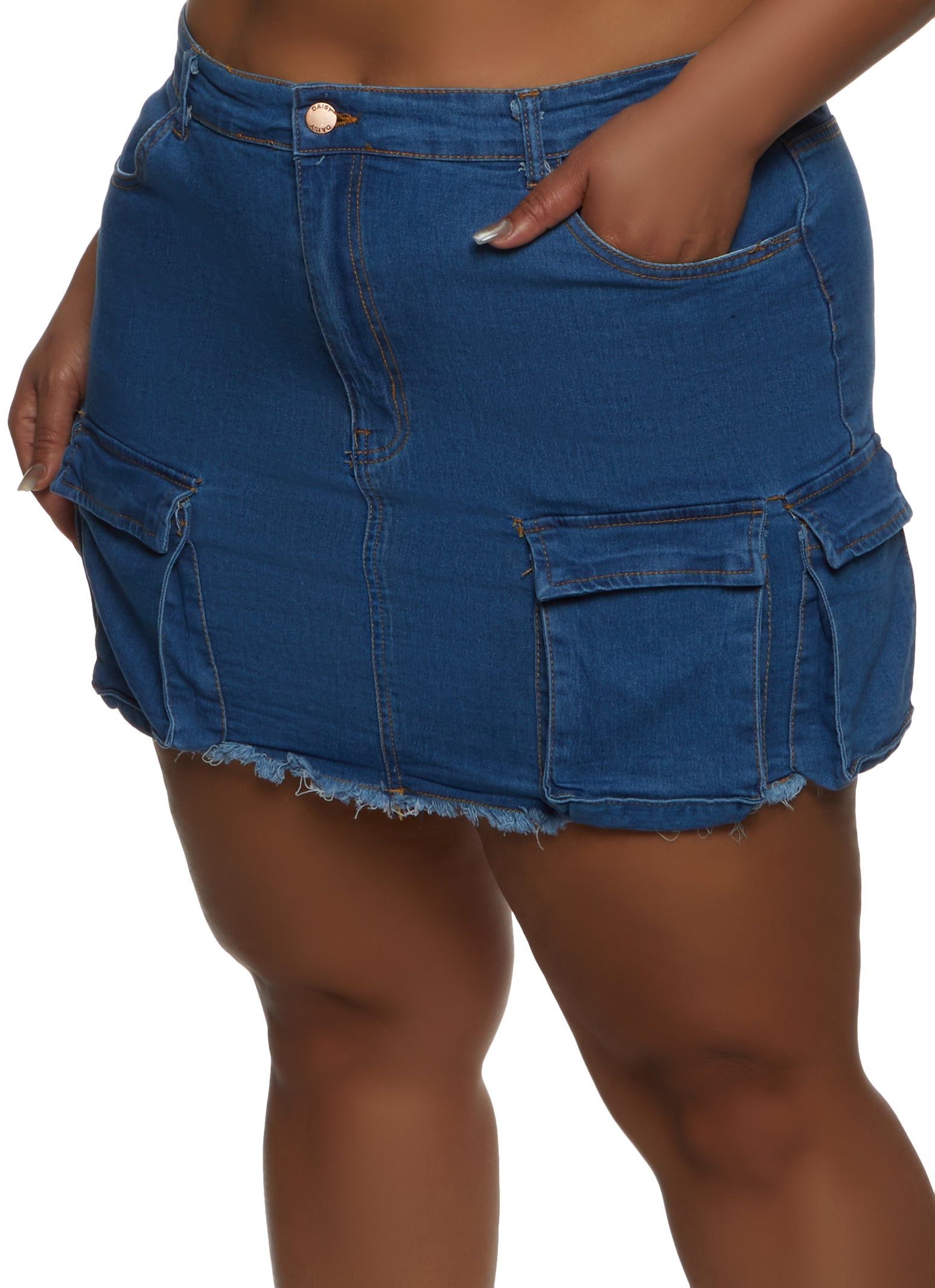 Plus Size Frayed Hem Cargo Pocket Mini Skirt sold by Rainbow