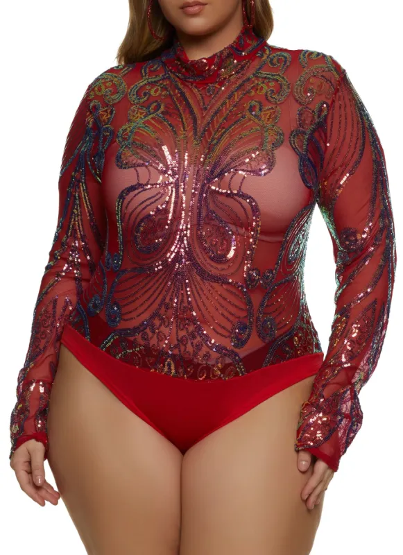 Plus Size Mesh Sequin Printed Bodysuit sold by Rainbow