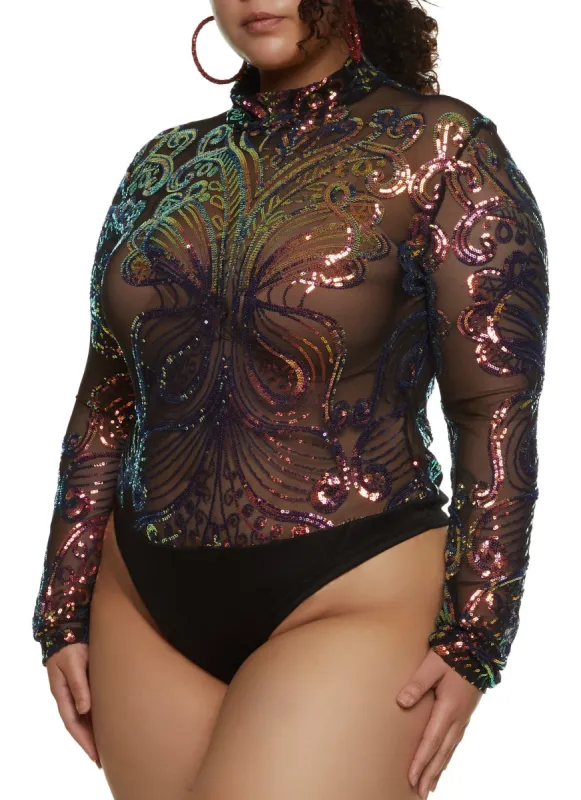 Plus Size Mesh Sequin Printed Bodysuit sold by Rainbow