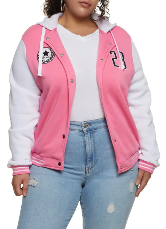 Plus Size 23 Patch Graphic Hooded Baseball Jacket sold by Rainbow