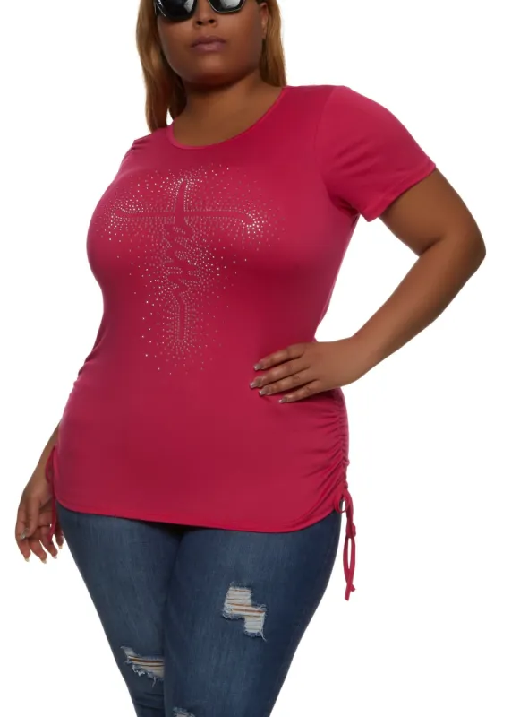 Plus Size Faith Rhinestone Ruched Graphic Tee sold by Rainbow