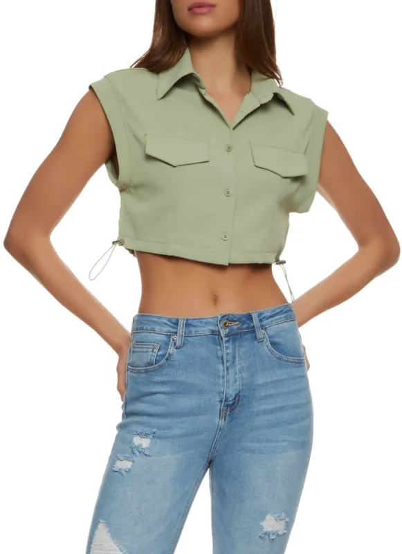 Button Front Toggle Drawstring Hem Shirt sold by Rainbow