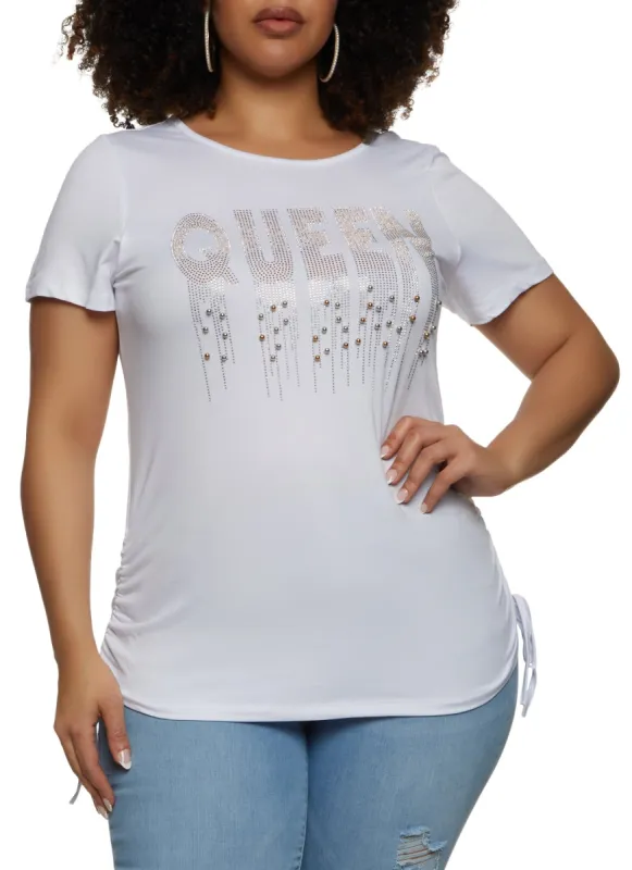 Plus Size Ruched Side Queen Embellished Graphic Top sold by Rainbow