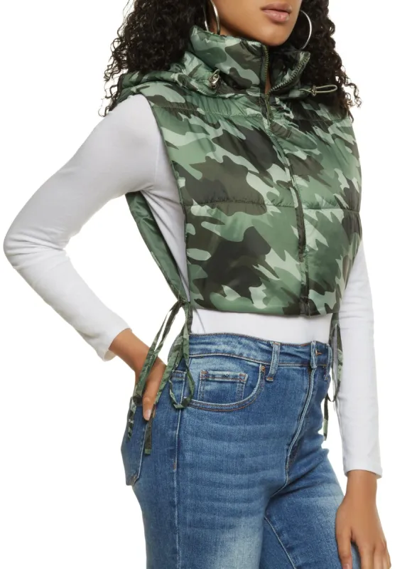 Side Tie Cropped Hooded Puffer Vest sold by Rainbow