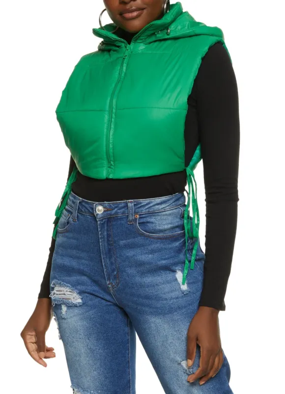 Side Tie Cropped Hooded Puffer Vest sold by Rainbow