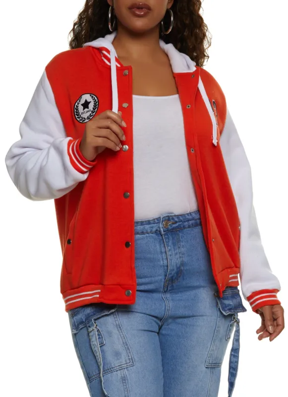 Plus Size 23 Patch Graphic Hooded Baseball Jacket sold by Rainbow