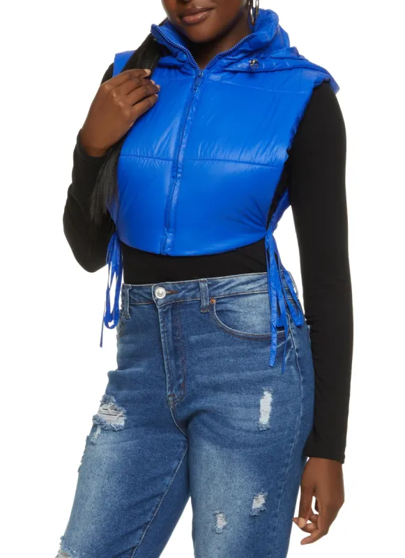 Side Tie Cropped Hooded Puffer Vest sold by Rainbow