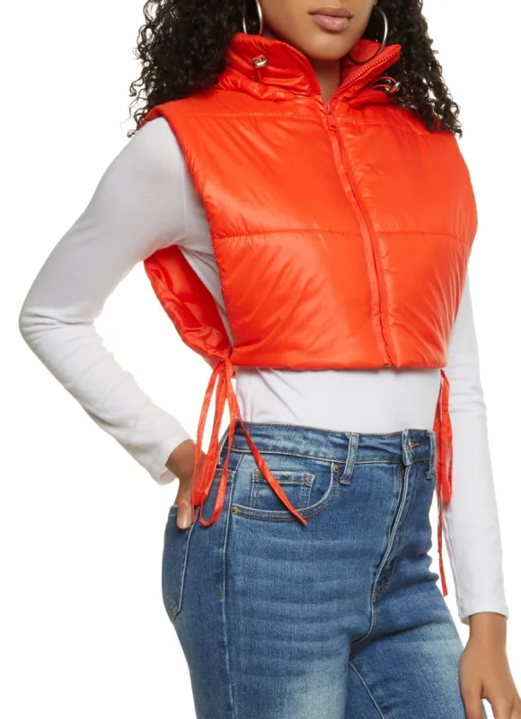 Side Tie Cropped Hooded Puffer Vest sold by Rainbow