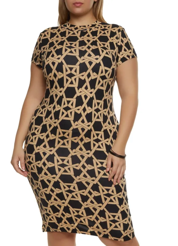 Plus Size Printed Mock Neck Midi Dress sold by Rainbow