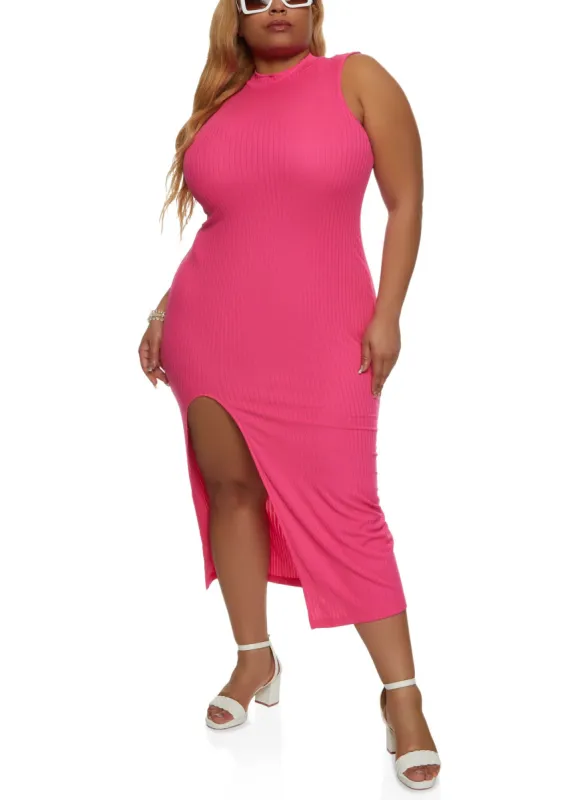 Plus Size Mock Neck Side Slit Tank Dress sold by Rainbow