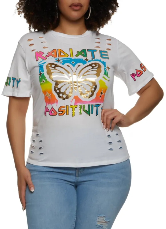 Plus Size Laser Cut Radiate Positivity Foil Graphic Tee sold by Rainbow