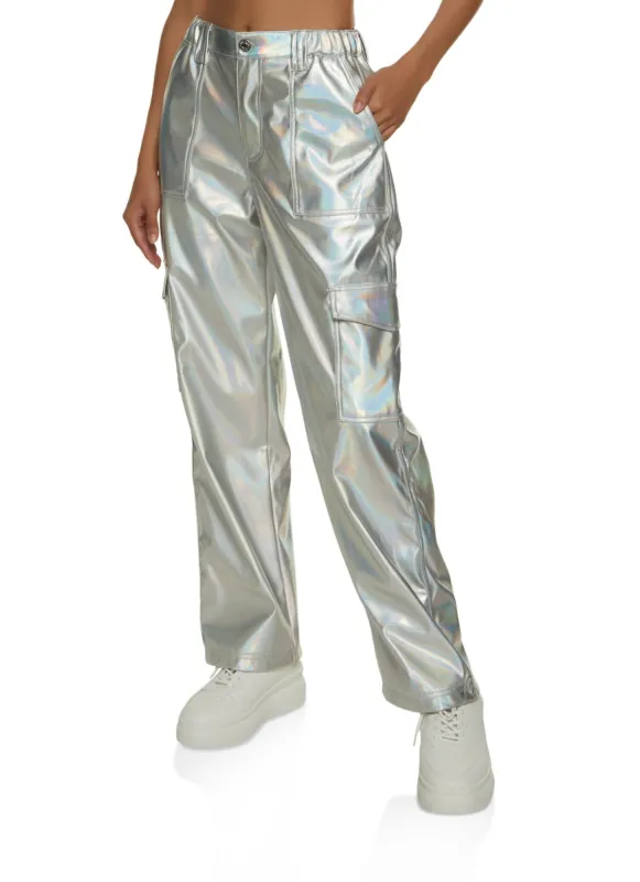 Metallic Iridescent Wide Leg Cargo Pants sold by Rainbow