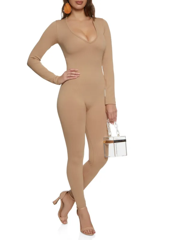 Ribbed Long Sleeve V Neck Jumpsuit sold by Rainbow